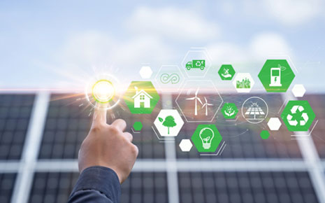 A hand reaching up and touching energy icons.