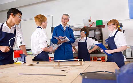 Teacher with high school students in design and technology class